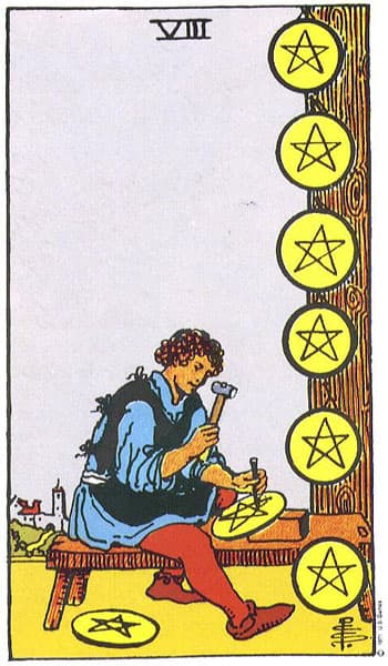 Eight of Pentacles tarot card thumbnail