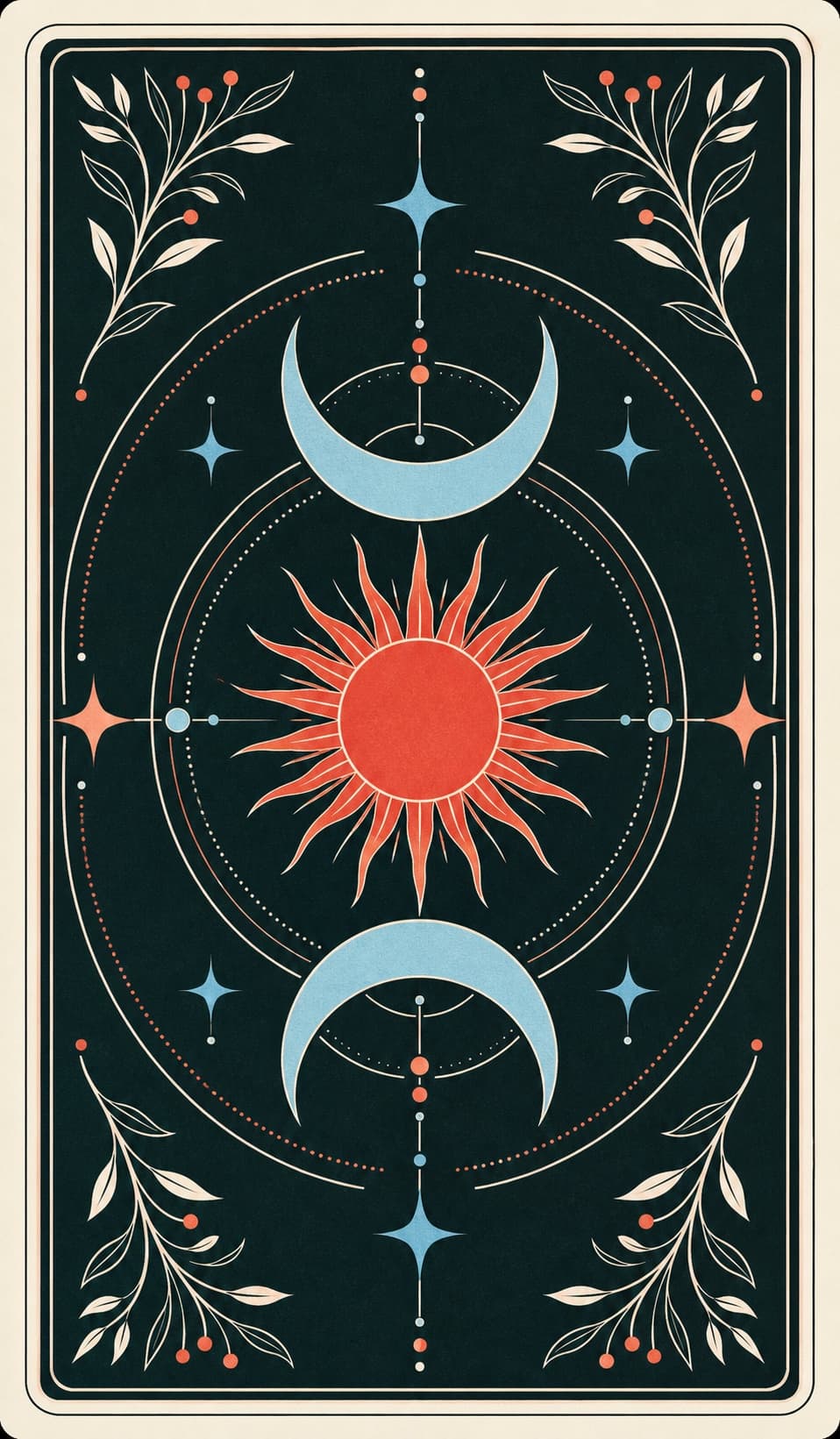 NexaCurrent tarot card back with coral sun and pale blue moons