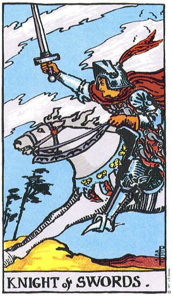 Knight of Swords from the public-domain 1909 Rider–Waite–Smith tarot deck