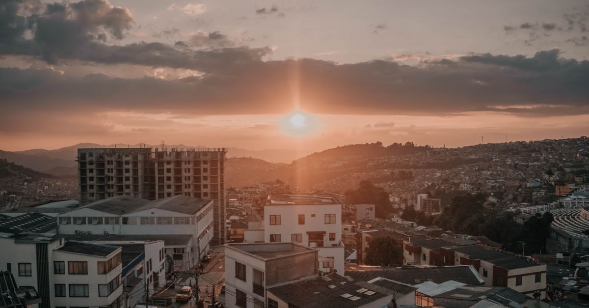 A breathtaking sunset view over the urban landscape of Manizales, Colombia.