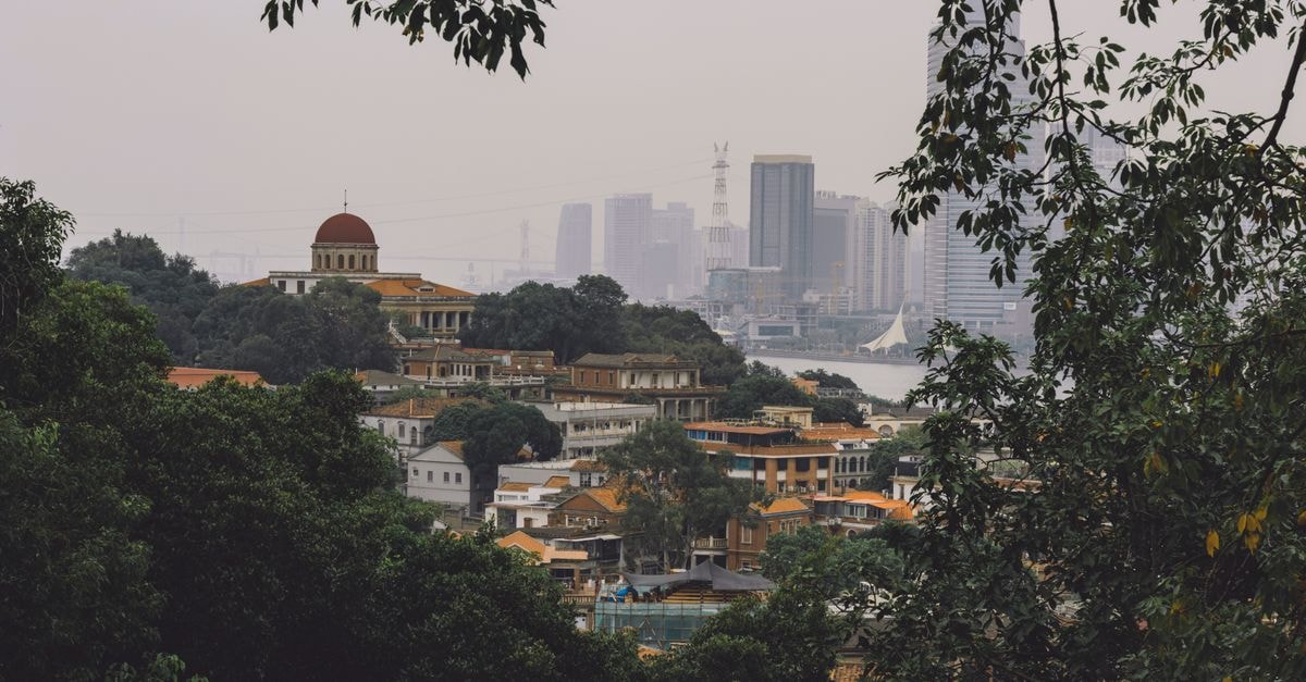 Reggae Homestay in Banlung: A Countryside Base Near the Town Center View of urban skyline framed by trees, showcasing historic buildings and modern cityscape.