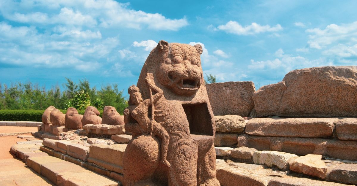 Captivating view of an ancient stone sculpture in Mahabalipuram, India on a sunny day.