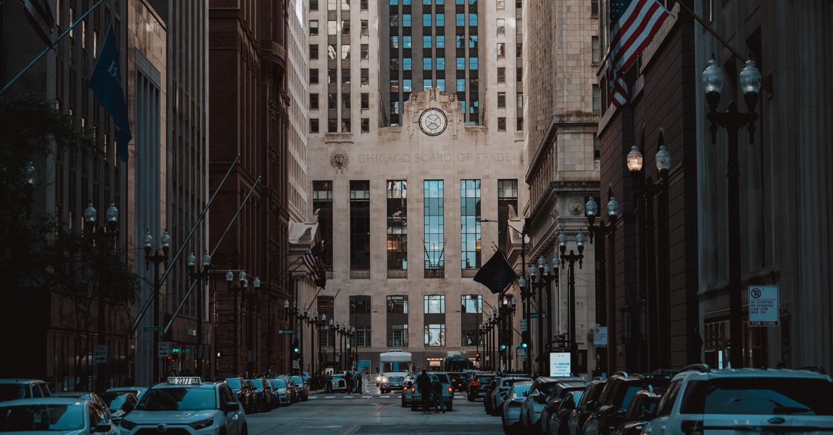 View of the Chicago Board of Trade Building, showcasing urban architecture and city life.