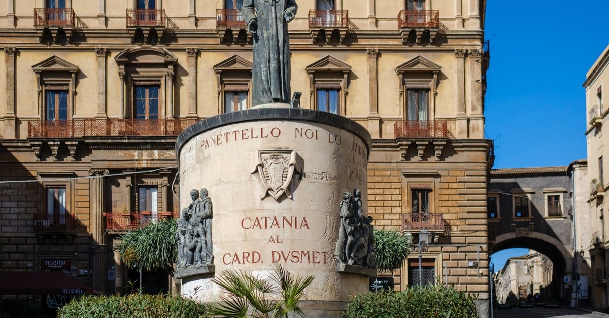 Statue of Cardinal Dusmet in Catania, Sicily, a prominent historical site.