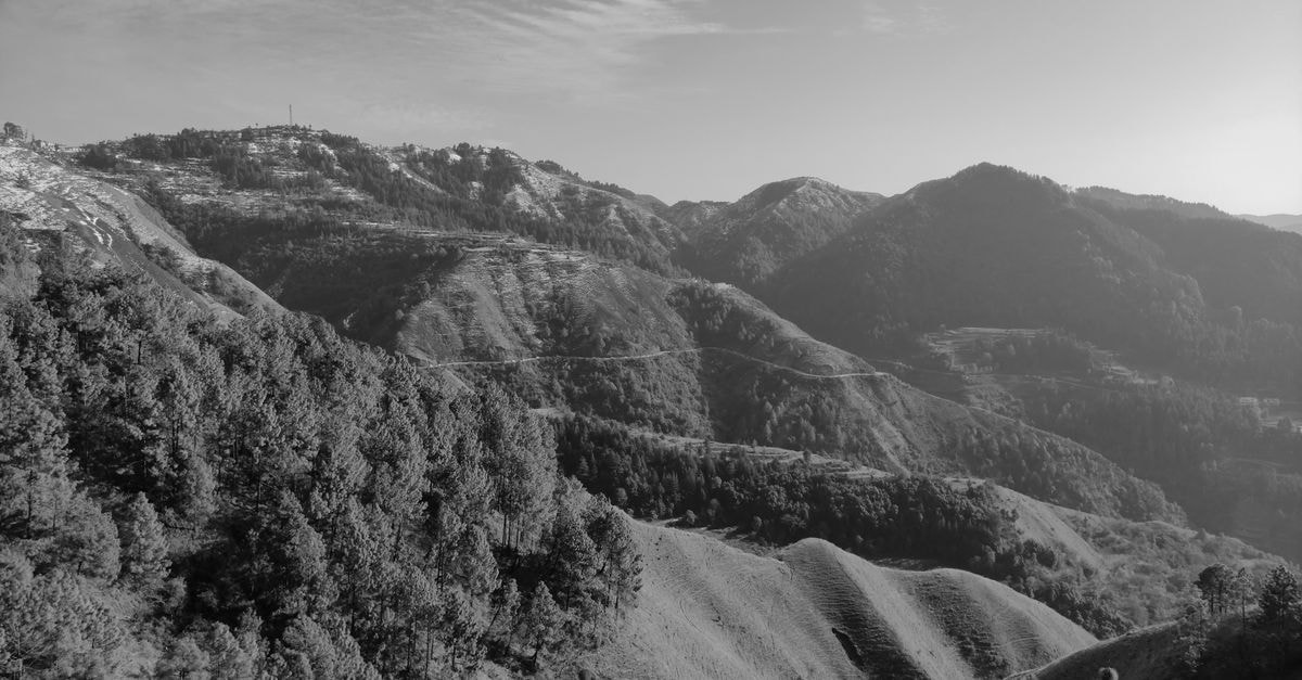 The Trekkers Hostel, Dehradun — Terrace Stays in Paltan Bazaar Black and white landscape of rolling hills and mountains in Dehradun, Uttarakhand, India.