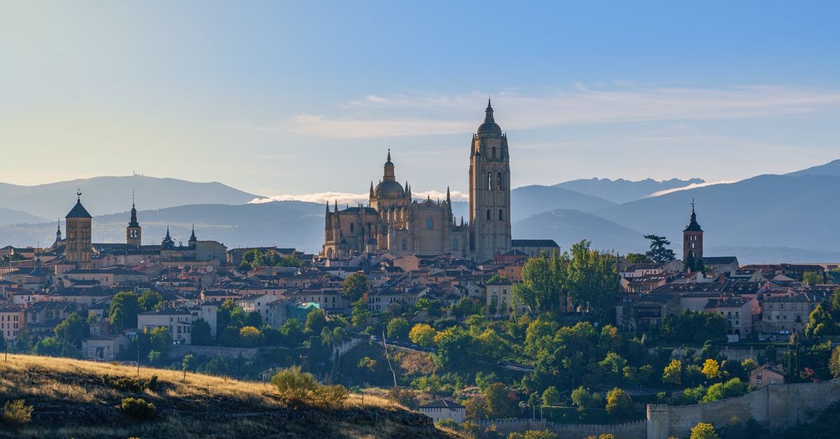 Beautiful view of Segovia with the iconic Cathedral in Spain at sunset.