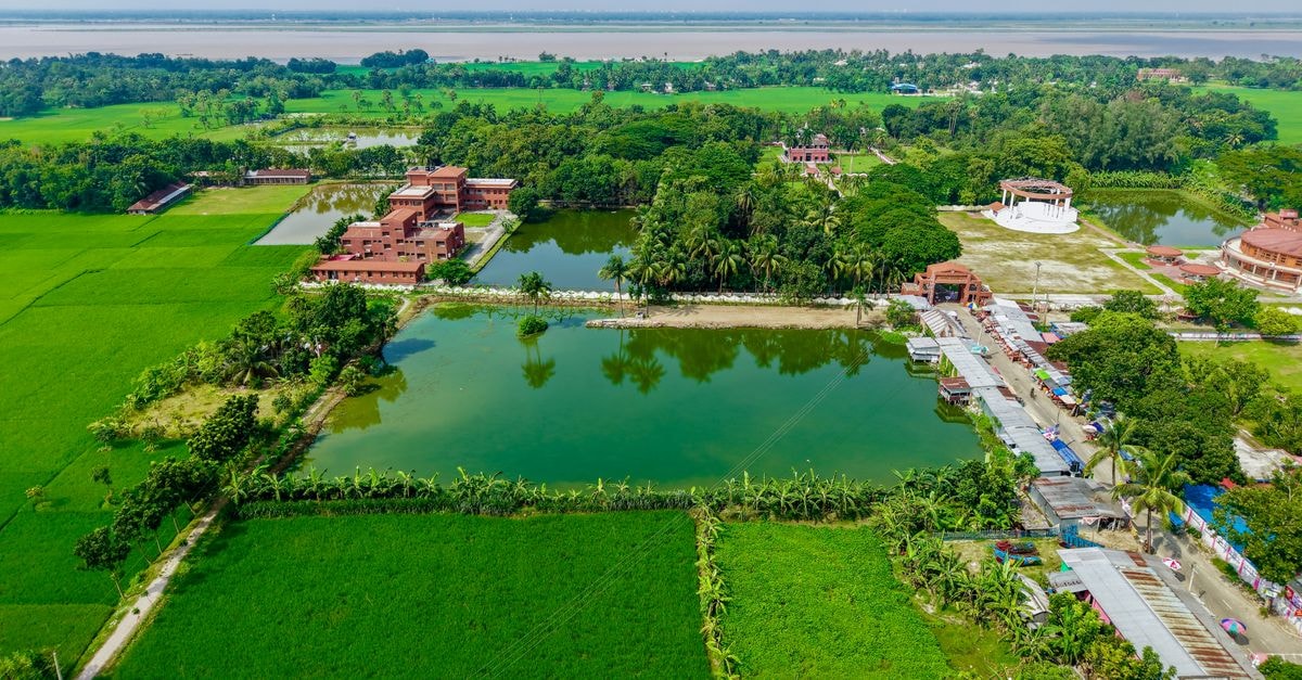 Natore Travel Guide: Planning Tips, Costs and Things to Do Aerial photo of a lush Indian village surrounded by rice fields, ponds, and greenery.