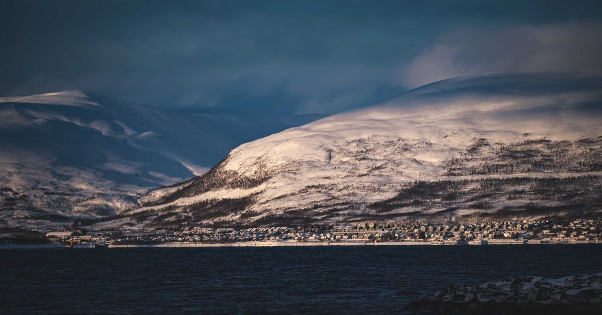 Steinkjer travel guide: a quiet fjord town in Trøndelag A serene snowy town by the sea, nestled in the dramatic winter landscape.
