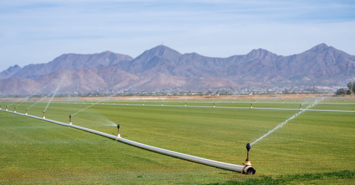 TSMC Ramps 2nm Output as Arizona Buildout Leaves US Dependent on Offshore Packaging Wide view of a green field being irrigated, with mountains in the background under a clear sky.
