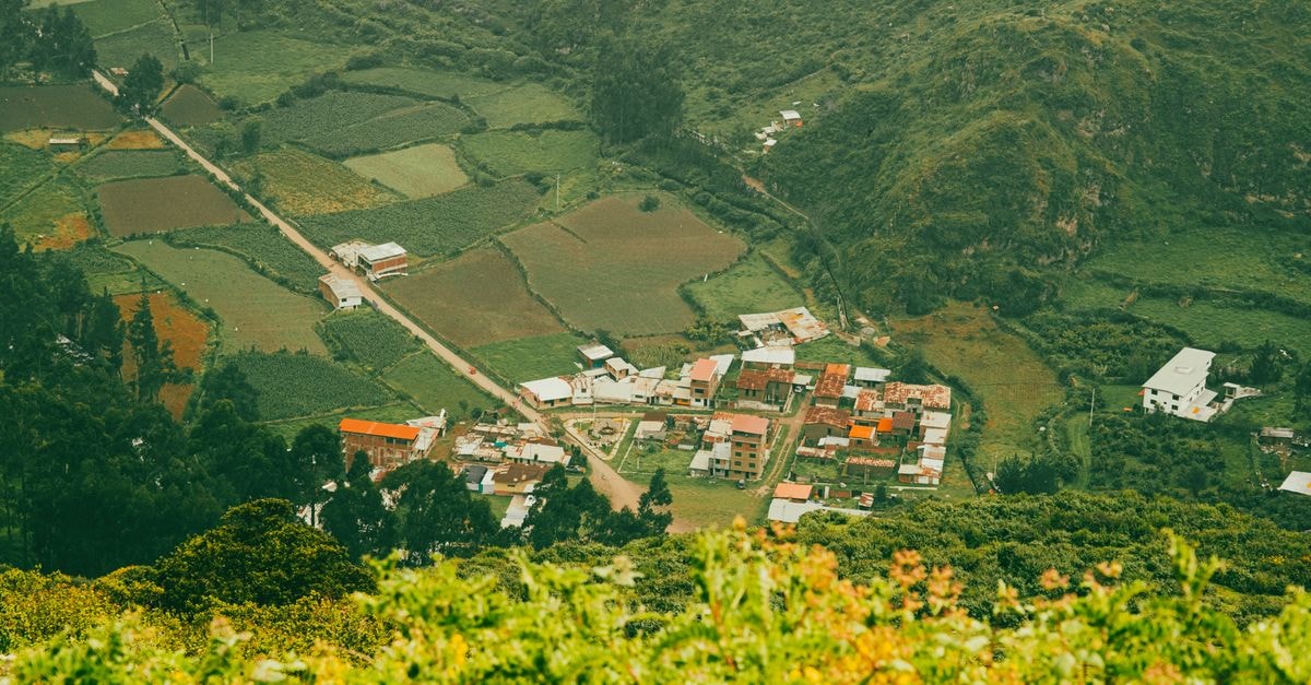 A picturesque aerial view of a village surrounded by lush greenery and farmland.
