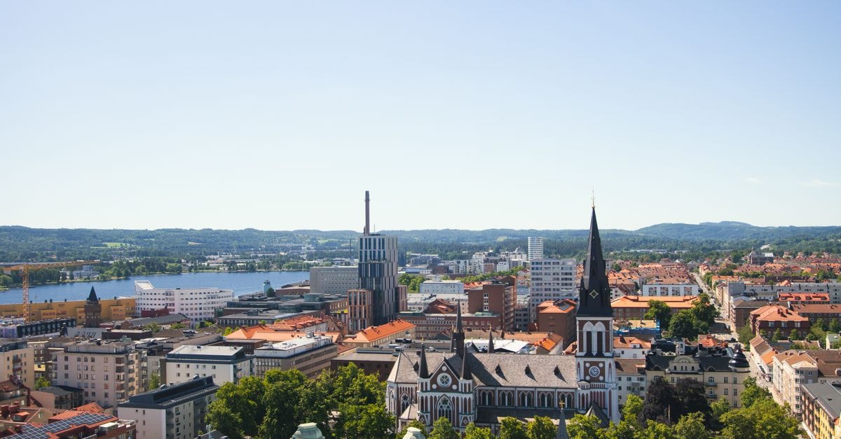 Scandic Sarpsborg in Sarpsborg: Central Stay Beside the Park Aerial shot of Jönköping, Sweden, showcasing a church and surrounding architecture under a clear blue sky.