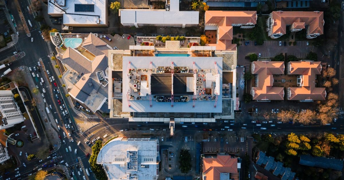 Stunning aerial shot of Sandton, Gauteng showcasing modern architecture and busy city life.
