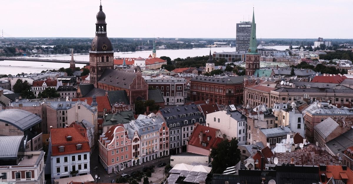 Captivating aerial shot showcasing Riga's historic architecture and iconic skyline.