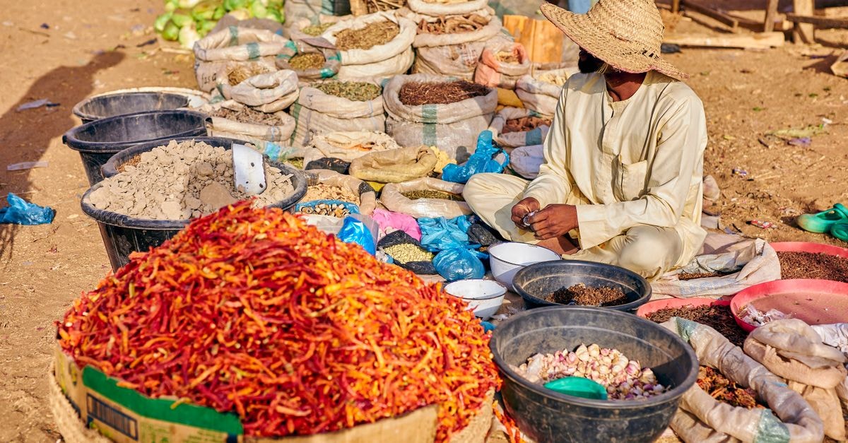 Laï Travel Guide: Markets, Food, and a Slower Pace of Chad Vibrant market scene in Nigeria showcasing a vendor selling various spices. A rich display of culture and commerce.