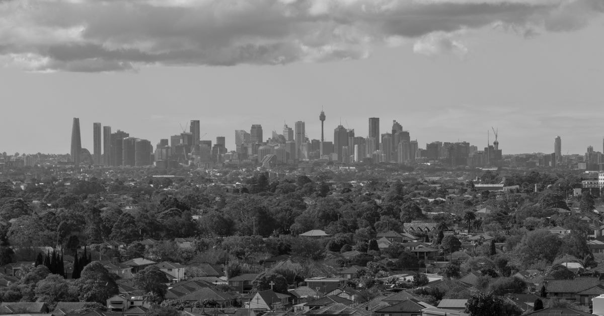 Hilton Sydney in Sydney: 598 Rooms Above George Street A monochromatic view of Sydney's skyline with urban and natural landscapes.