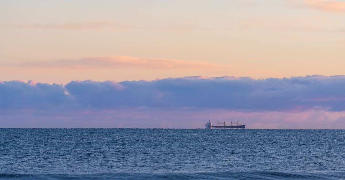 Tranquil ocean view at sunset in New Plymouth, Taranaki, New Zealand with a distant cargo ship.