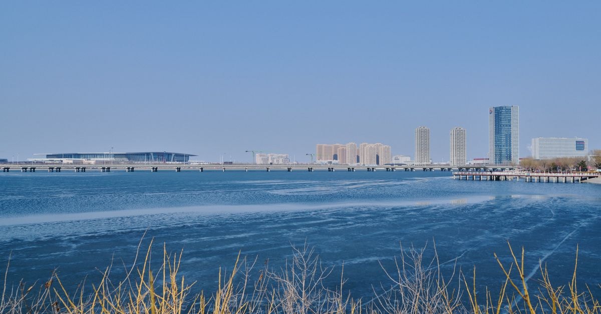 A serene cityscape featuring modern skyscrapers by a calm ocean under a clear sky.