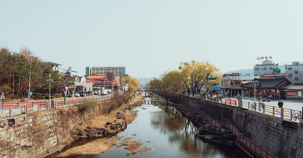 Jeonju Travel Guide: Planning Tips, Costs and Things to Do Tranquil scene of a river in Suwon-si with traditional Korean architecture and city life.