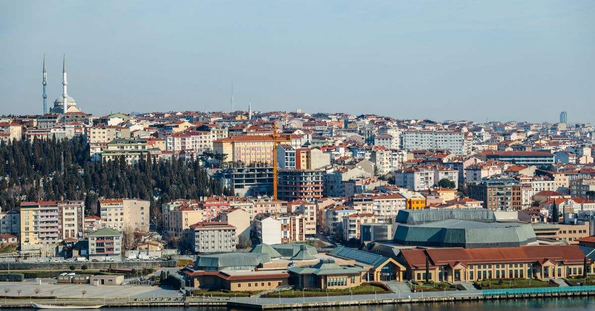 A scenic aerial view of Istanbul's skyline along the Bosphorus, capturing urban sprawl and a prominent mosque.