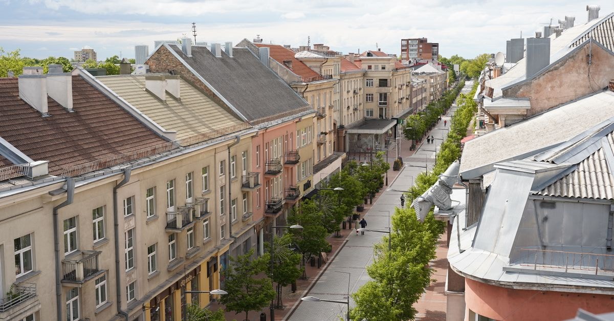 Šiauliai Vilniaus 街的優美空拍景觀，展現其迷人的建築風格和綠樹成蔭的步道。