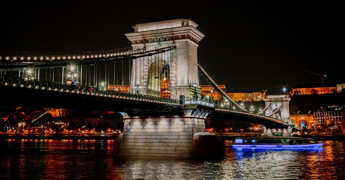 Night view of the illuminated Széchenyi Chain Bridge spanning the Danube River in Budapest, Hungary.