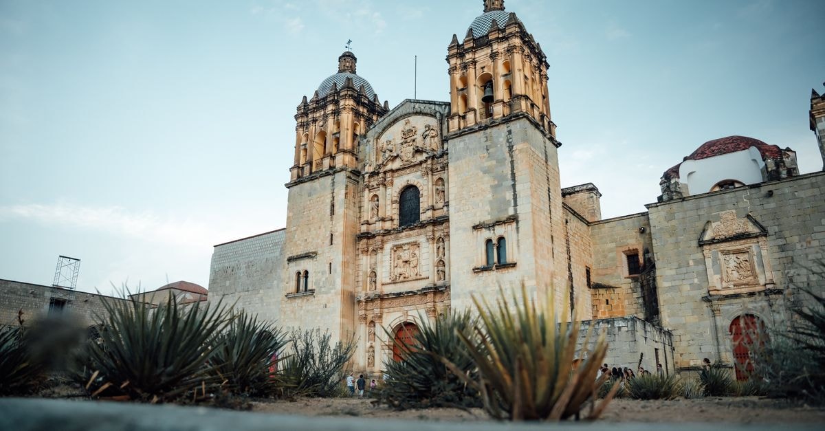 The Santo Domingo de Guzmán church captured with agave plants in the foreground, Oaxaca, Mexico.