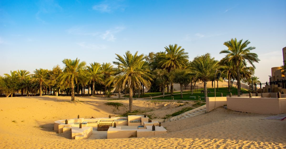 A serene tropical resort with lush palm trees and golden sands under a clear blue sky, perfect for a summer escape.