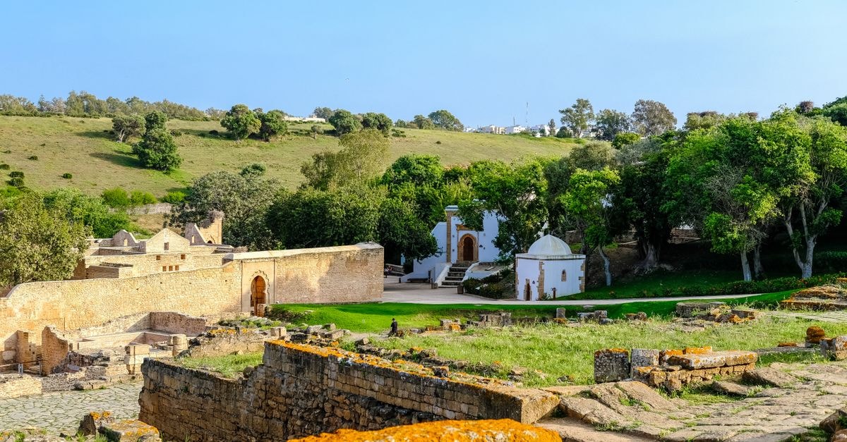 Scenic view of the Chellah ruins with lush greenery in Rabat, Morocco.