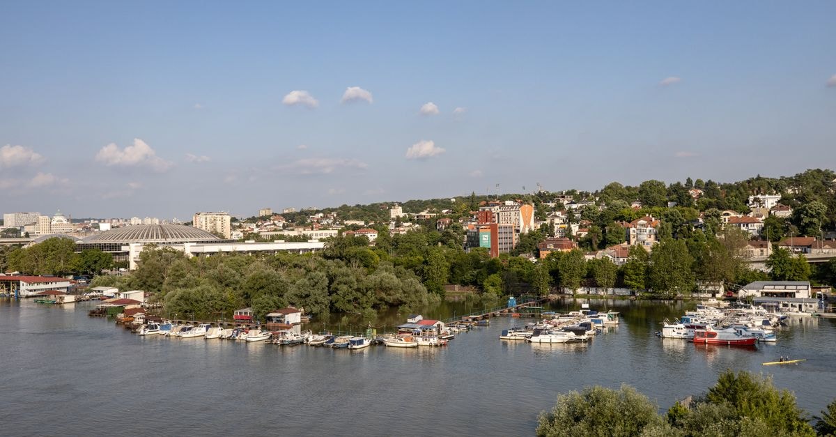 A vibrant view of Belgrade's marina with moored boats against a summer cityscape backdrop.