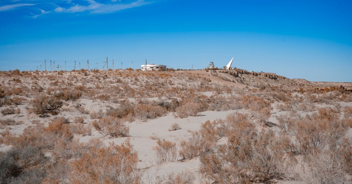 Wide view of the dry desert landscape near the Aral Sea with rusted poles and sparse vegetation.