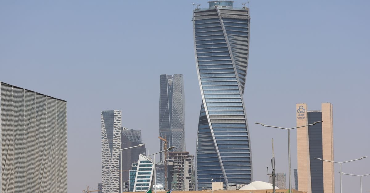 Skyline view of Riyadh's modern architecture with distinctive skyscrapers.