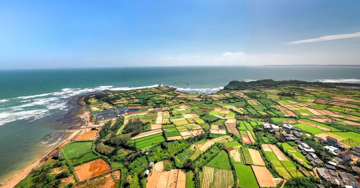 Rizhao Travel Guide: Planning Tips, Costs and Things to Do Stunning aerial view of farmland along a coastline with an ocean horizon under a blue sky.