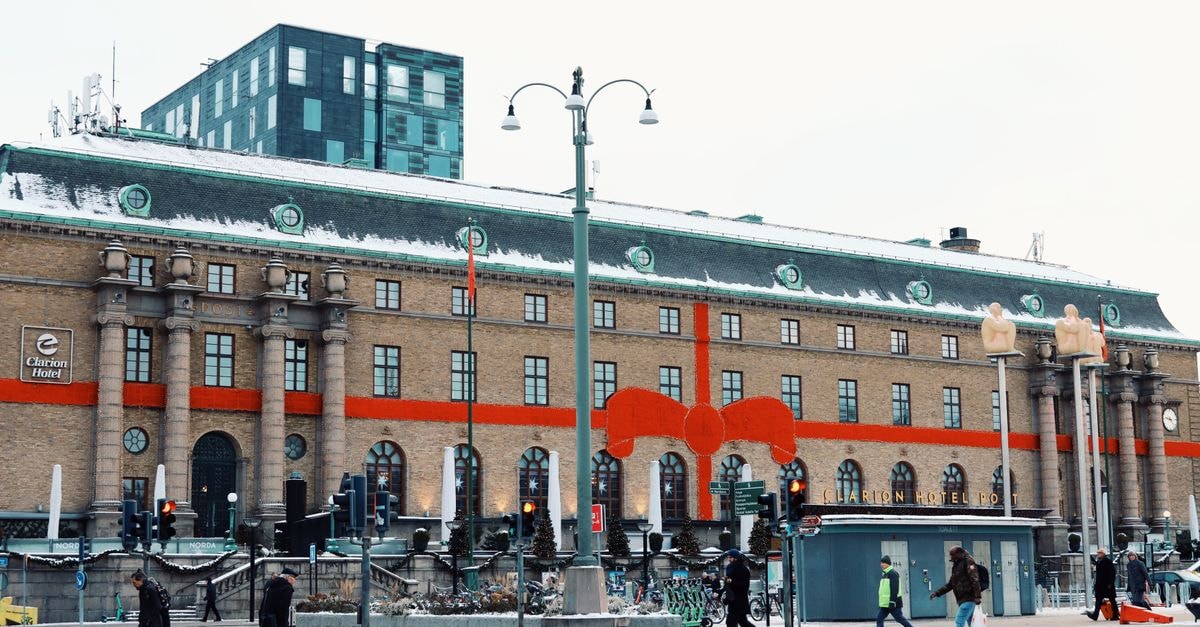 Snow-covered Clarion Hotel Post adorned with festive decorations in wintertime, Gothenburg, Sweden.
