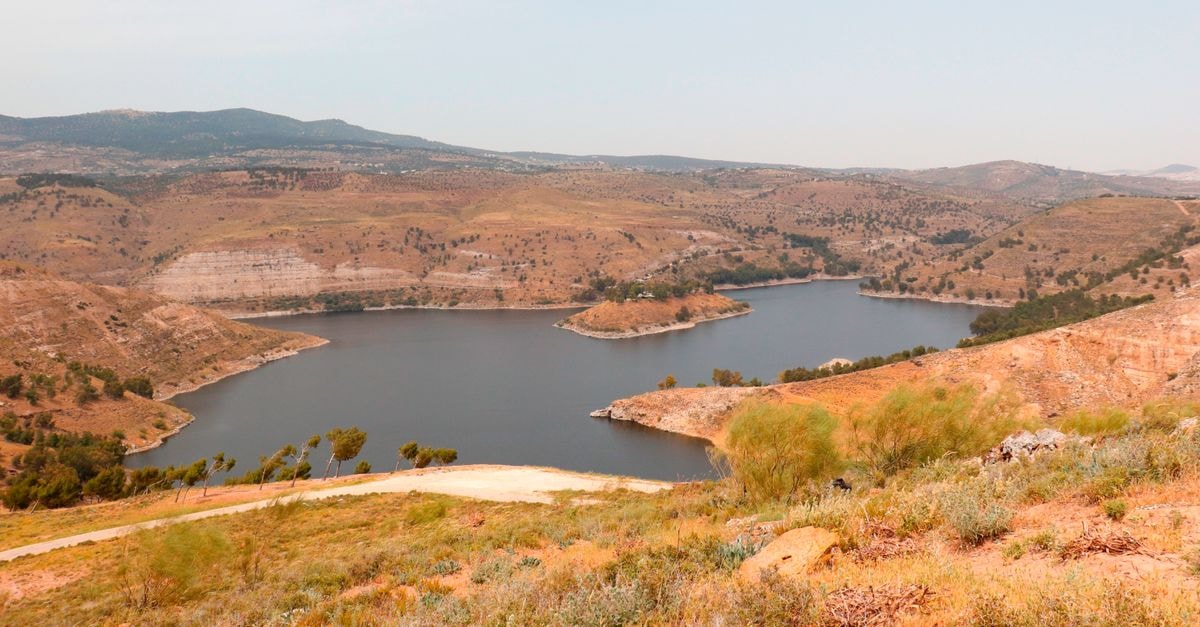 A breathtaking view of the serene lake amidst the rolling hills of Amman, Jordan.
