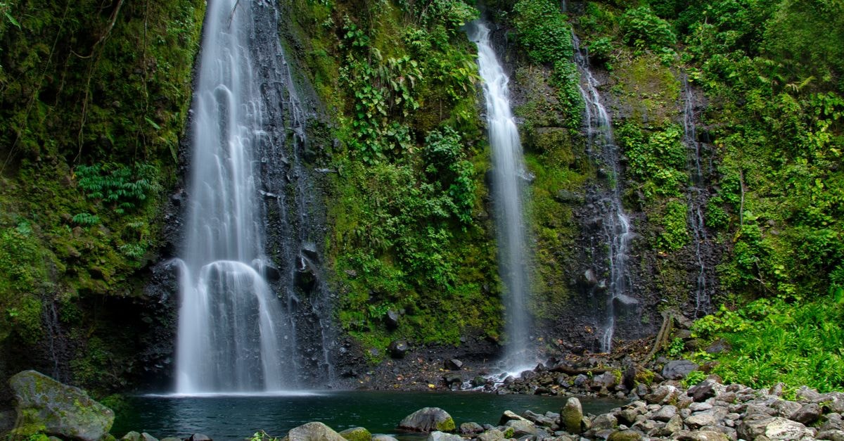 A lush waterfall cascading into a serene pool in the forests of Cartago, Costa Rica.