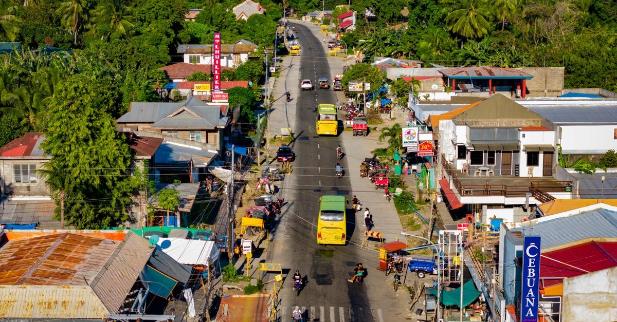 A vibrant aerial view of Bacong, Philippines, showcasing busy streets and lush greenery.
