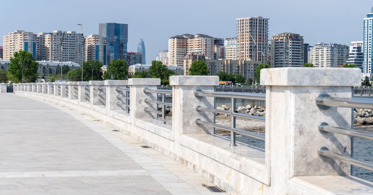 Scenic view of Baku promenade with modern city skyline, capturing urban life and architecture.