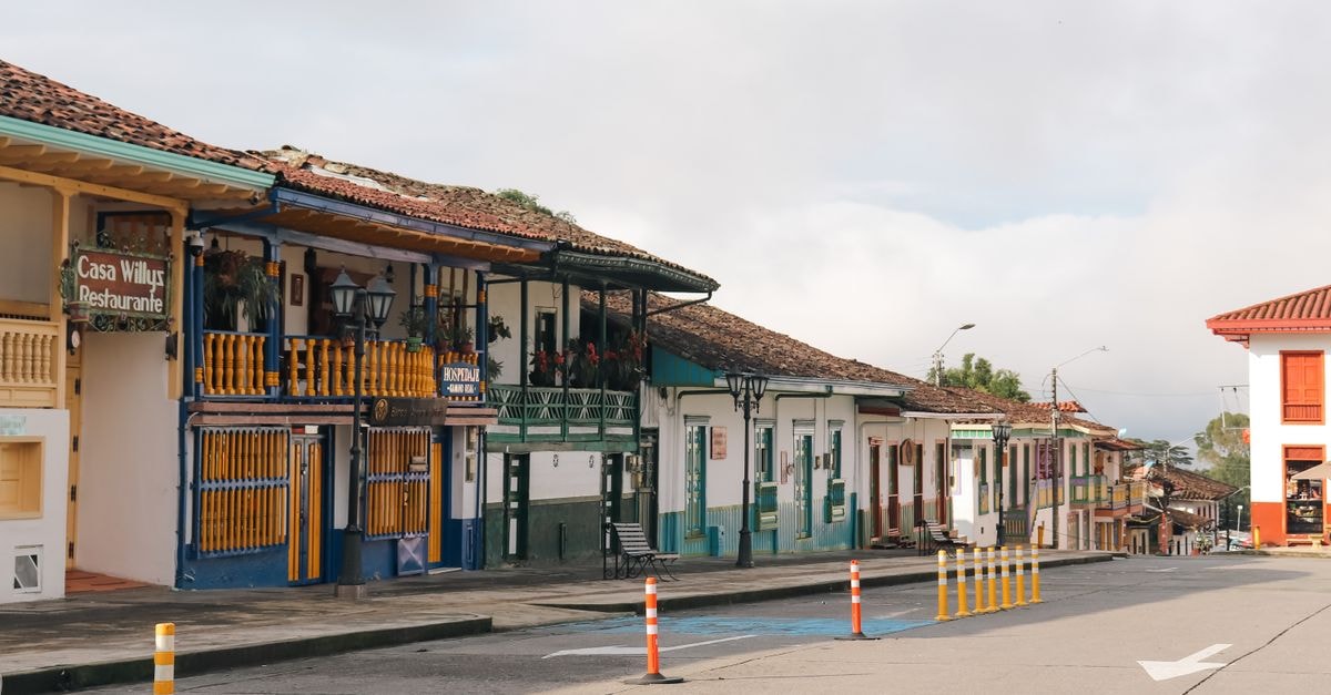 Colorful architecture on a peaceful street in Salento, Quindío, Colombia.