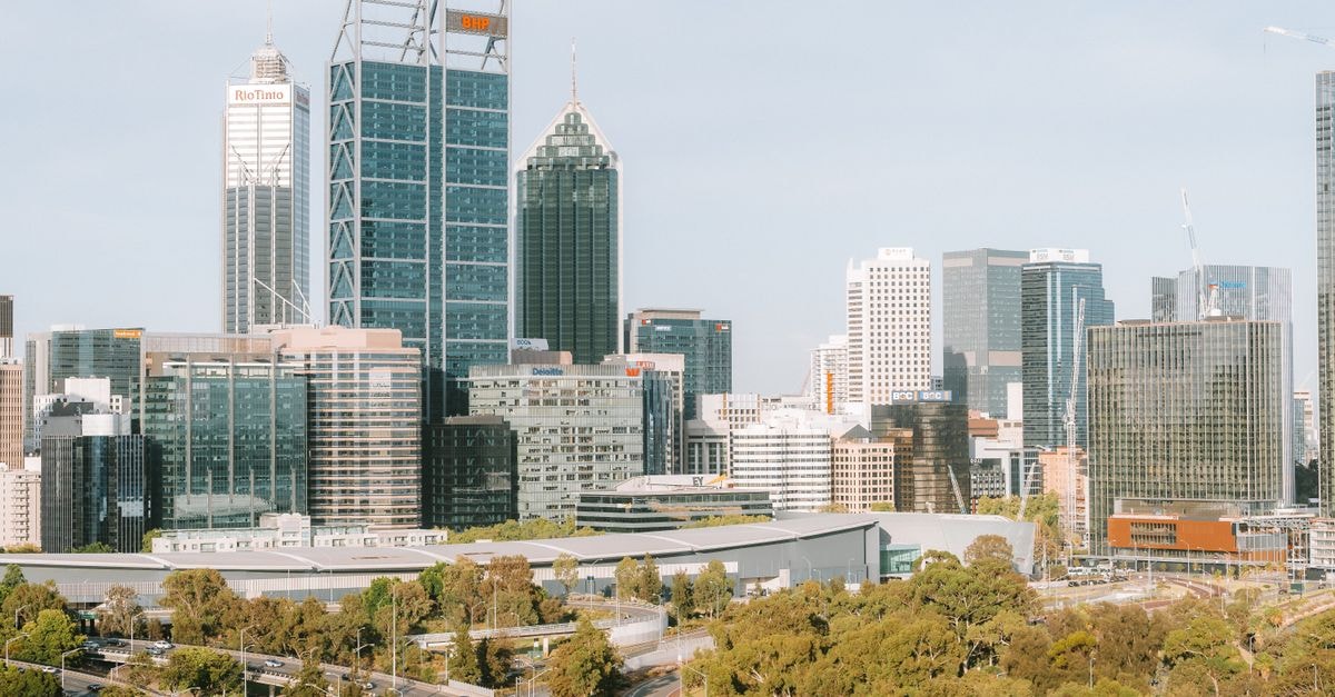 A vibrant view of Perth's skyline with modern skyscrapers and urban landscape.