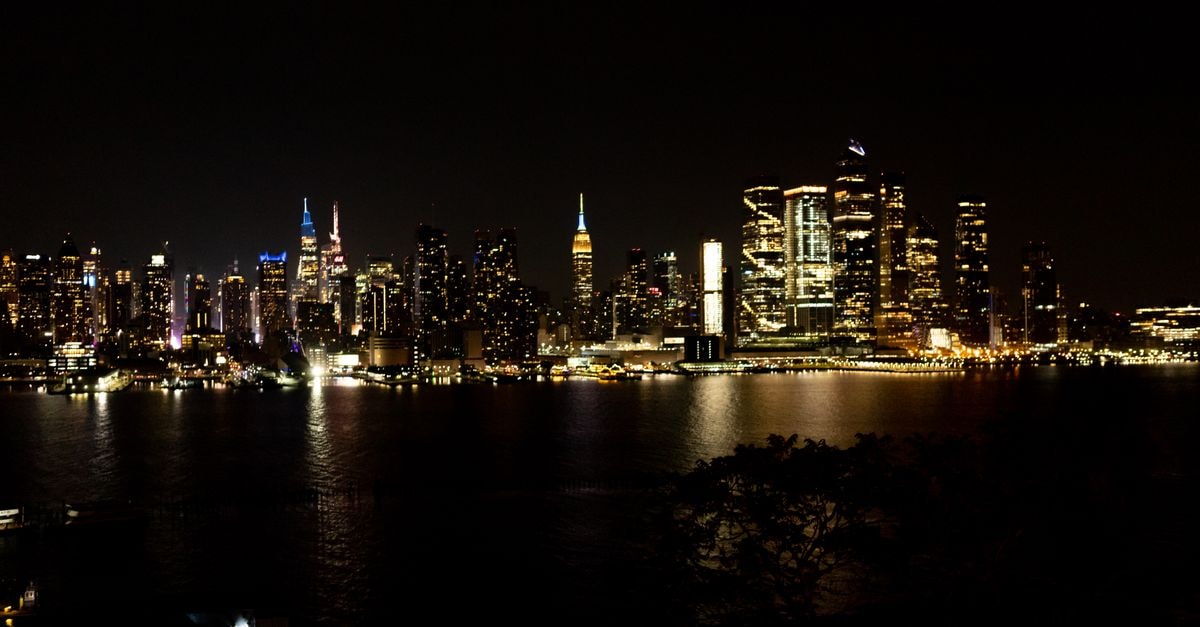 Captured from the waterfront, New York City skyline shines brilliantly against the night sky.