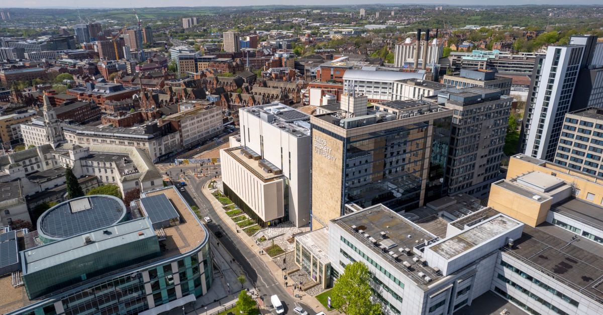 Hyatt Place Leeds in Leeds: City-Centre Dual-Branded Stay Near the Train Station High-angle aerial view of Leeds cityscape showcasing modern and classic architecture, with Leeds Beckett University in focus.