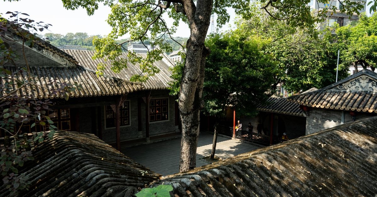 Serene view of a traditional courtyard with historic Chinese architecture and lush greenery.