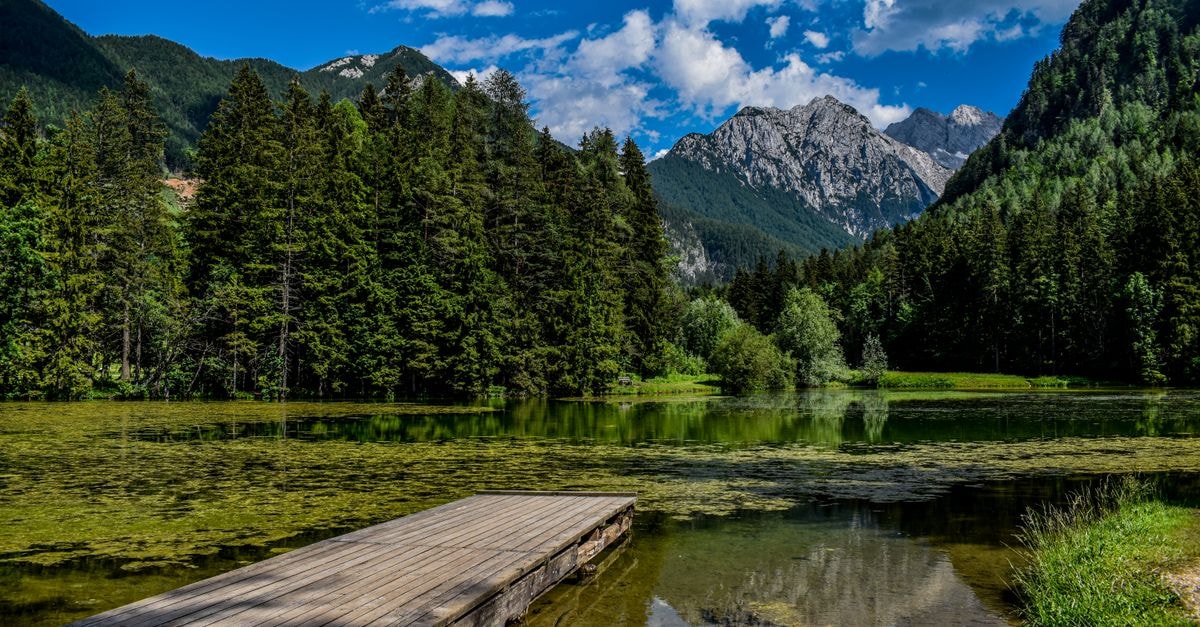 Peaceful lake view with boardwalk at Zgornje Jezersko in Slovenia under a clear sky.