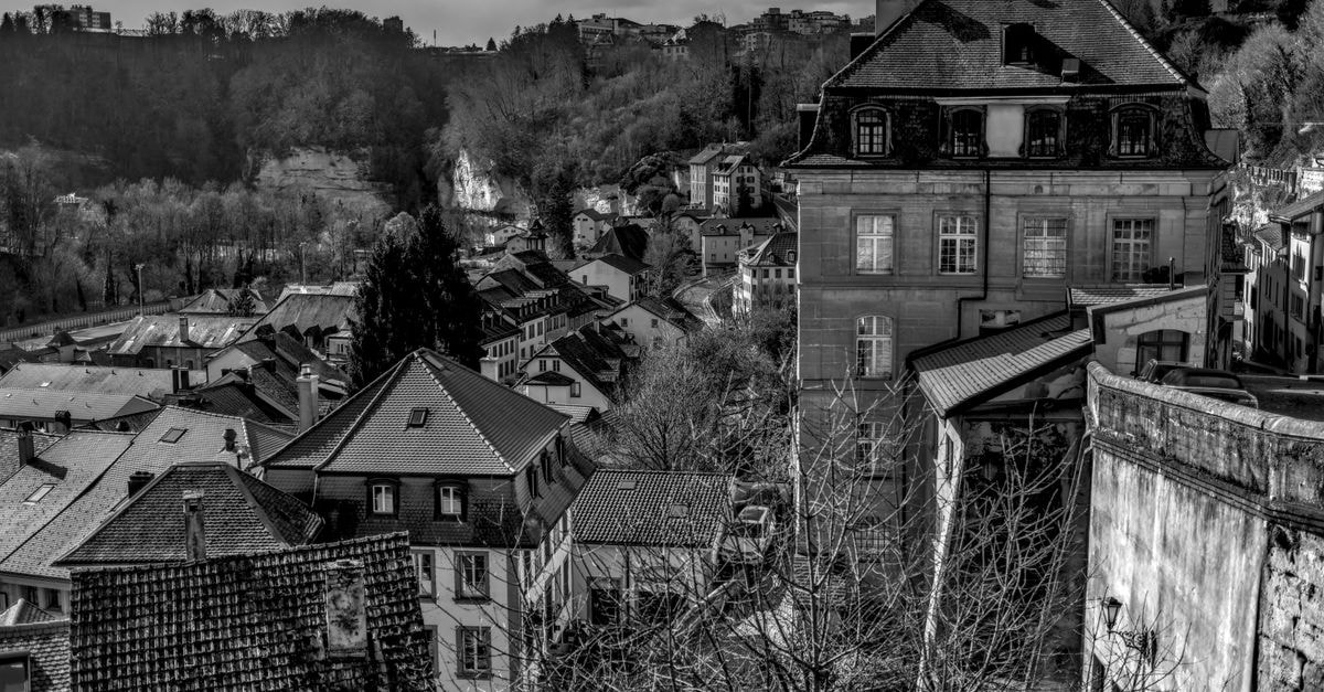 Stunning black and white view of Fribourg's rooftops surrounded by lush hills.