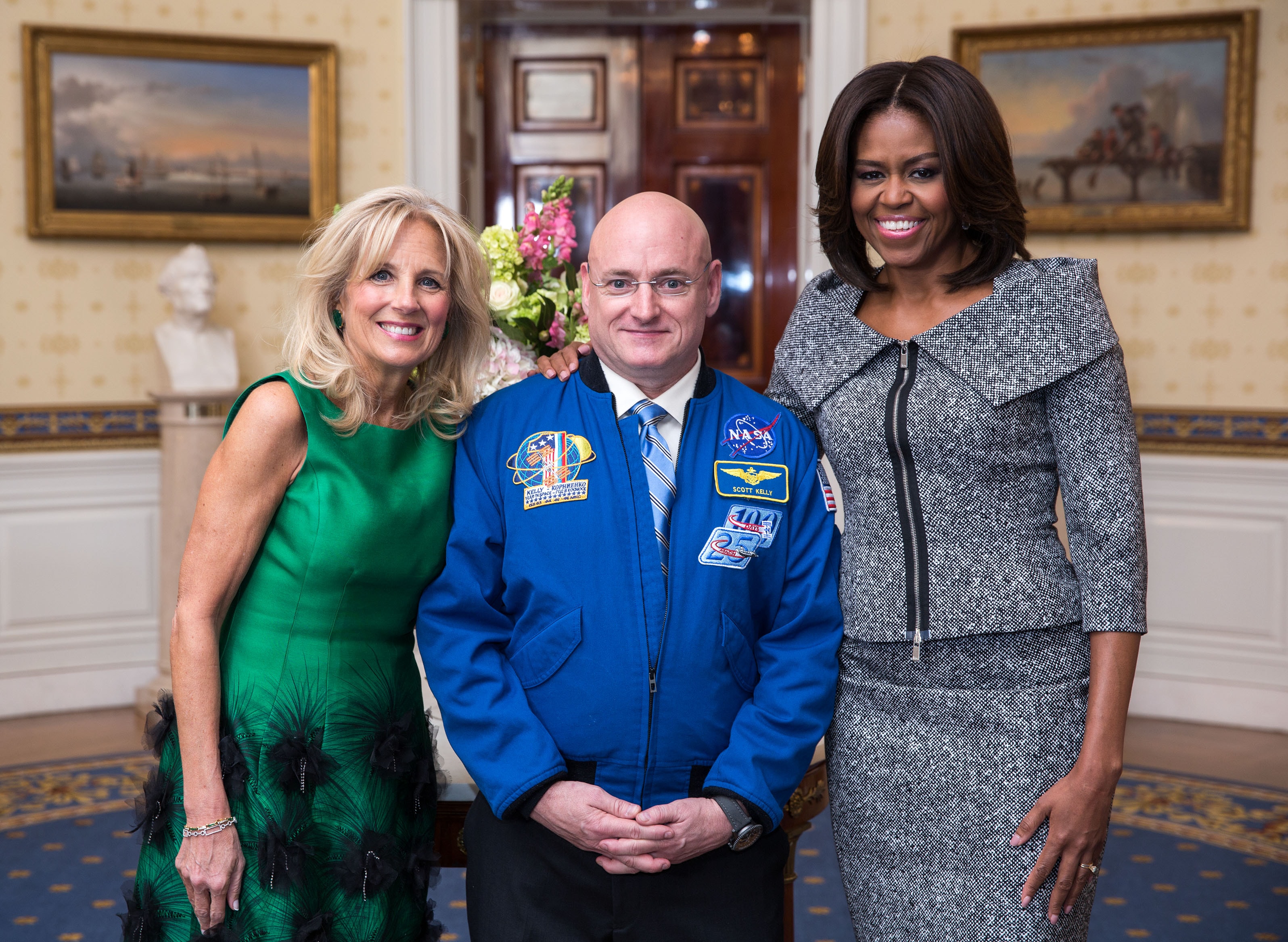 Illustration for J.Jill: Disciplined Cash Generation Against a Soft Top-Line: First Lady Michelle Obama and Dr. Jill Biden greet Scott Kelly, First Lady's State of the Union box guest, in the Blue Room of the White House, Jan. 20, 2015.jpg