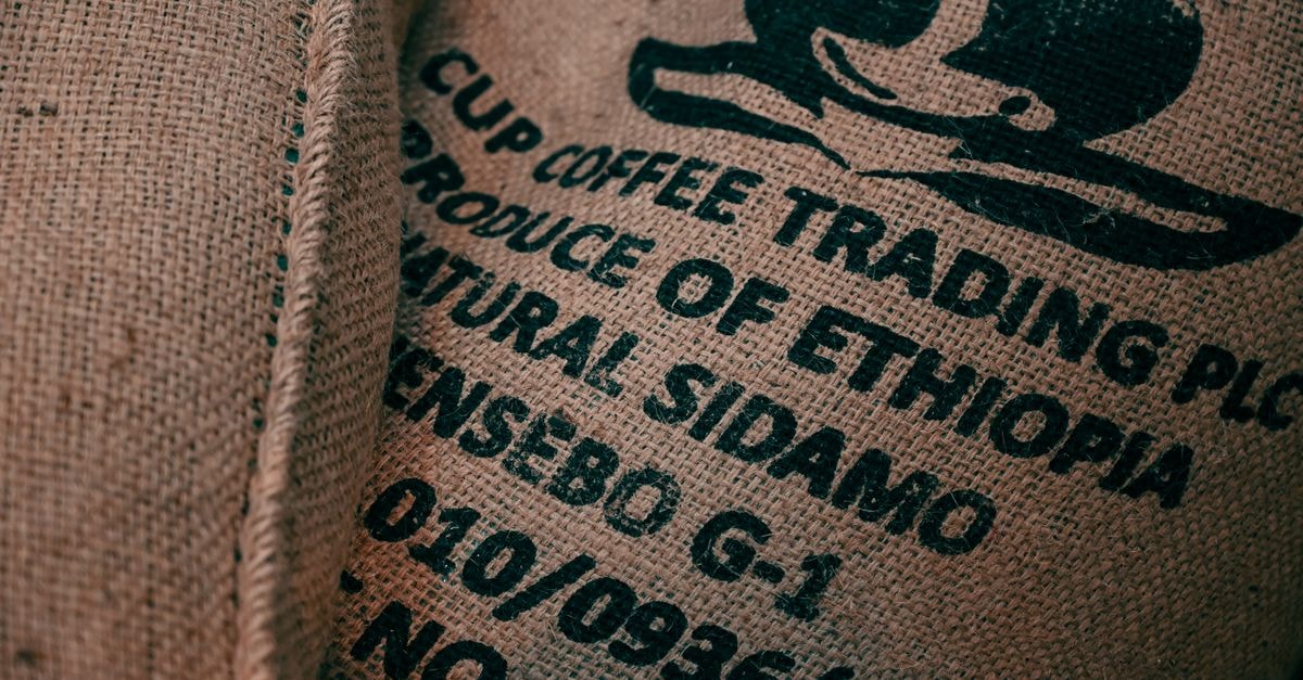 Bonga, Ethiopia Travel Guide: Coffee Roots and Cloud‑High Calm Close-up of burlap sack with Ethiopian coffee logo and text, showcasing texture.