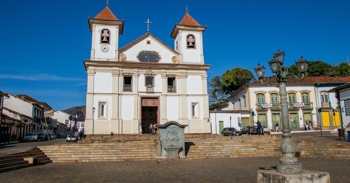 A scenic view of a Baroque style church in the historic city of Ouro Preto, UNESCO World Heritage Site.
