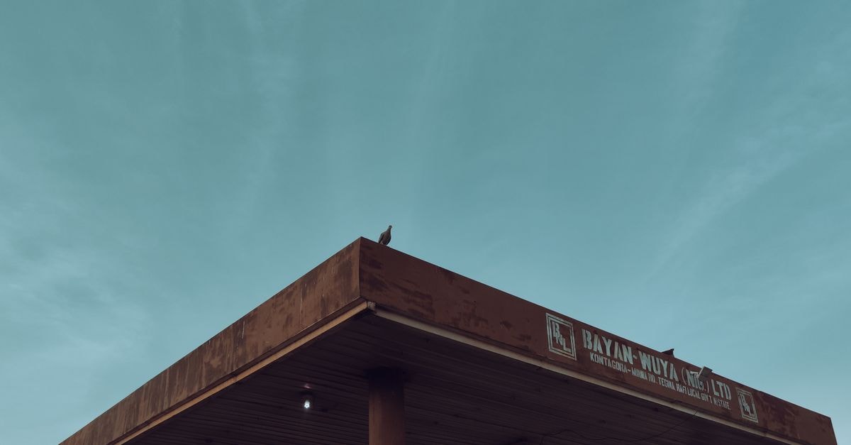 Lahti Travel Guide: Lakeland Sports Haven Made Simple A lone bird perches on a weathered gas station canopy against a serene sky.