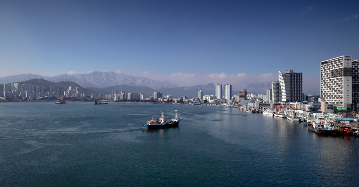 James BLuE Hostel, Sokcho — A Bilingual Base Near the Coast A vivid aerial shot capturing the vibrant port and skyline of Sokcho, South Korea.