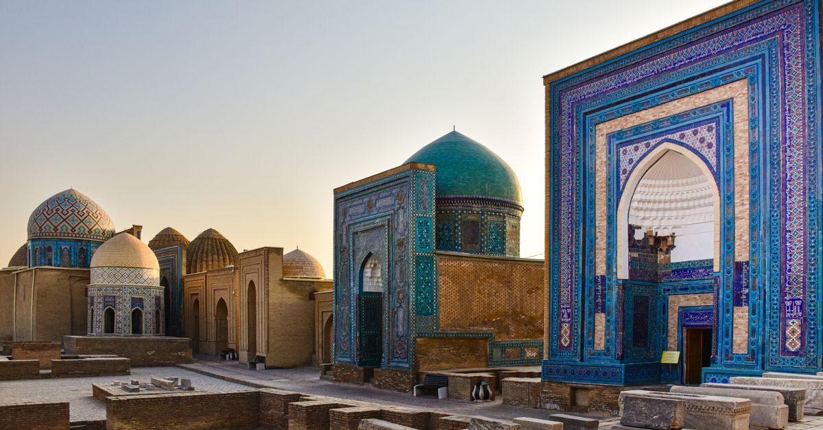 Samarkand travel guide: slow days on a Silk Road crossroads Beautiful architectural detail of Shah-i-Zinda Necropolis in Samarkand, Uzbekistan at sunset.